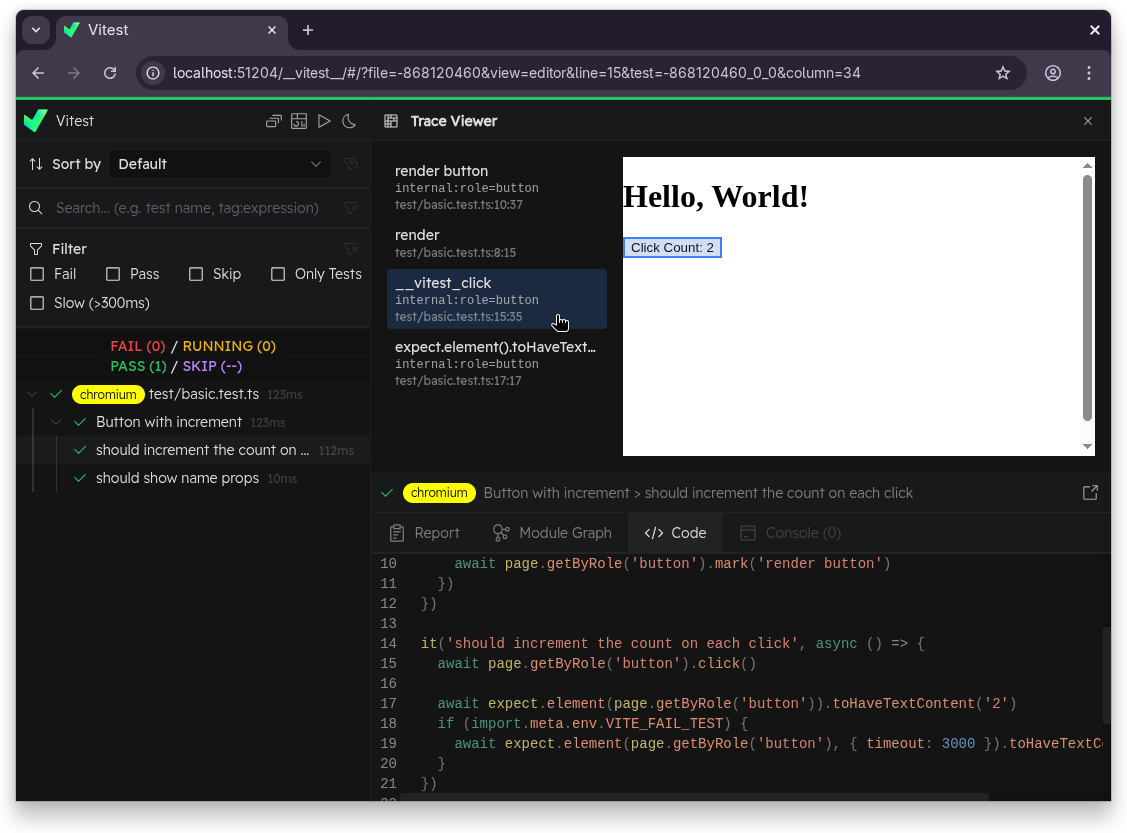 Vitest UI trace viewer showing step list and DOM snapshot