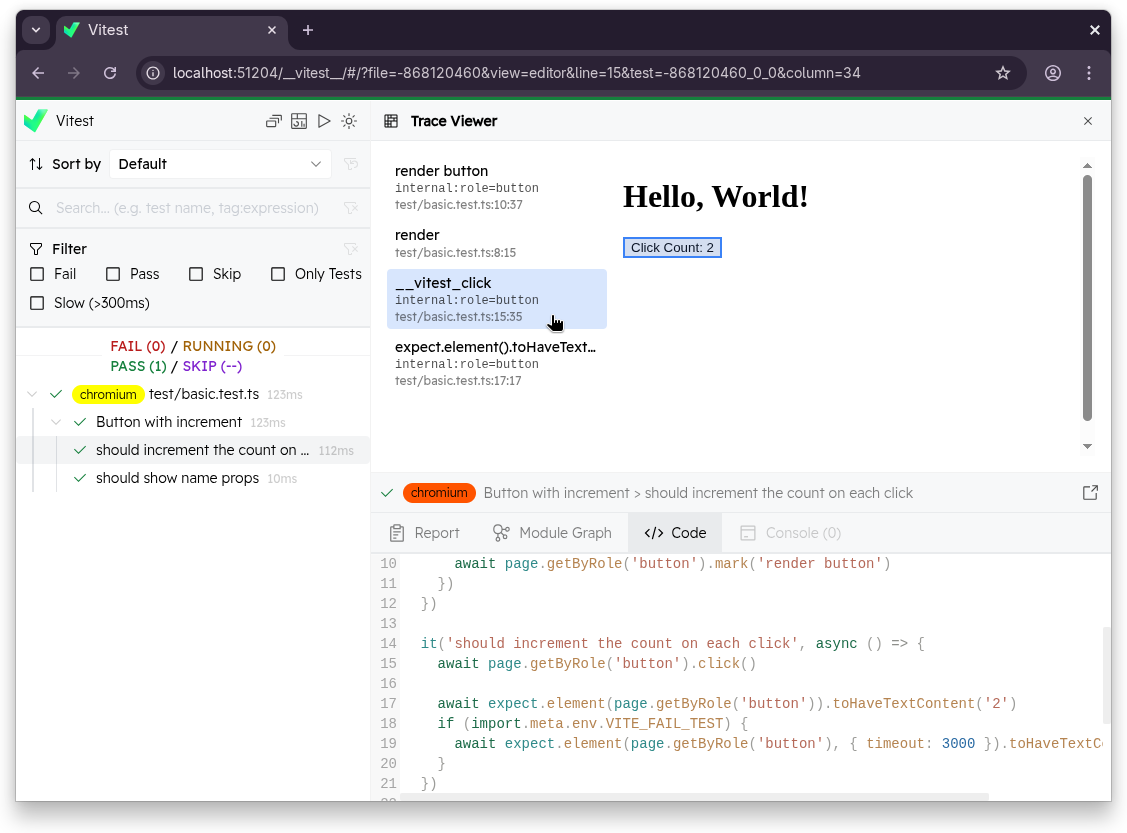 Vitest UI trace viewer showing step list and DOM snapshot